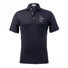 Black Peter Millar polo featuring the white tagline "Only Possible Here" and the white cancer strikethrough logo on the top left chest side.