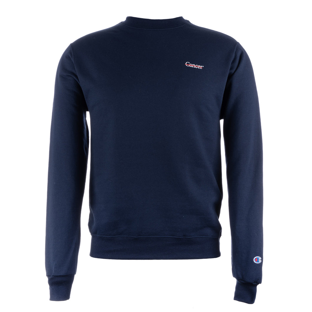 Navy Champion fleece crewneck featuring the white cancer strikethrough logo on the upper left side of the chest.