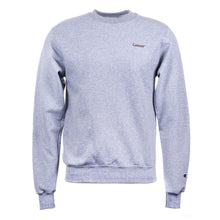 Gray Champion fleece crewneck featuring the black cancer strikethrough logo on the upper left side of the chest.