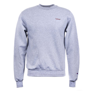 Gray Champion fleece crewneck featuring the black cancer strikethrough logo on the upper left side of the chest.