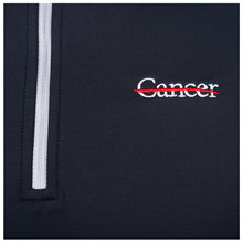 Closeup of white cancer strikethrough logo.