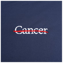 Closeup of white cancer strikethrough logo.