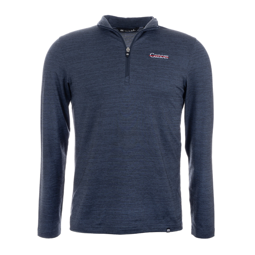 Navy Travis Mathew 1/4 zip featuring the white cancer strikethrough logo on the upper left chest area.