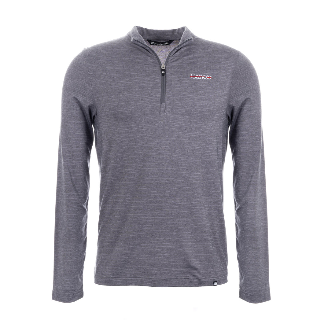 Gray Travis Mathew 1/4 zip featuring the white cancer strikethrough logo on the upper left chest area.