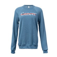 Heather teal crewneck featuring the white cancer strikethrough logo in the middle.