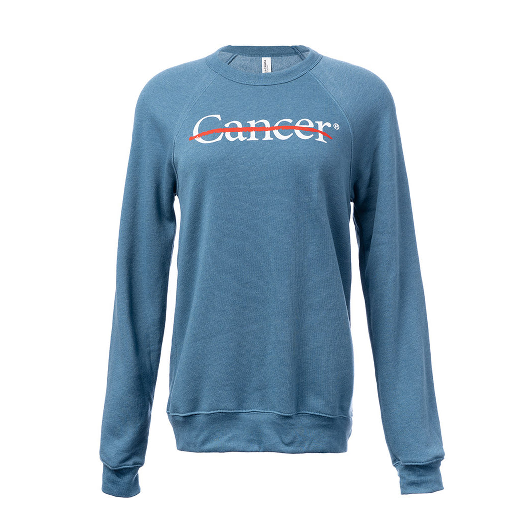 Heather teal crewneck featuring the white cancer strikethrough logo in the middle.