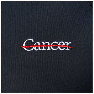 Closeup to white cancer strikethrough logo.