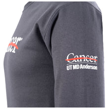 Side view of the gray crewneck featuring the full white UT MD Anderson logo on the sleeve.
