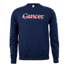 Navy crewneck featuring the white cancer strikethrough logo in the middle.