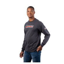 MD Anderson employee wearing a charcoal gray long-sleeve crewneck sweatshirt featuring the white Cancer strikethrough logo across the chest and the UT MD Anderson logo on the sleeve.