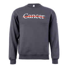 Gray crewneck featuring the white cancer strikethrough logo in the middle.