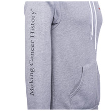 Gray hoodie sleeve view featuring the tagline "Making Cancer History".