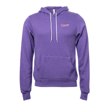 Heather purple hoodie featuring the white cancer strikethrough logo on the upper left chest area, with a kangaroo pouch pocket.