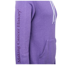 Heather purple hoodie sleeve view featuring the tagline "Making Cancer History".