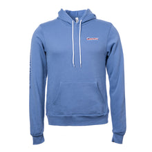 Heather blue hoodie featuring the white cancer strikethrough logo on the upper left chest area, with a kangaroo pouch pocket.