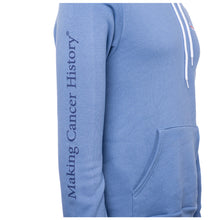 Heather blue hoodie sleeve view featuring the tagline "Making Cancer History".