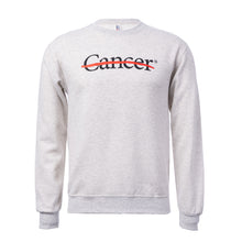 Heather oatmeal crewneck featuring the black cancer strikethrough logo in the middle chest area.