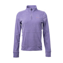 Heather purple ladies 1/4 zip featuring the white cancer strikethrough logo on the top left chest area, with zippered pockets on each side.