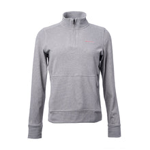 Heather gray ladies 1/4 zip featuring the white cancer strikethrough logo on the top left chest area, with zippered pockets on each side.
