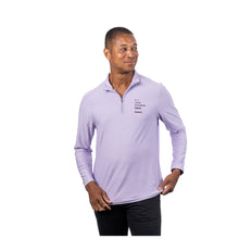 MD Anderson employee wearing a lilac long-sleeve 1/4 zip pullover featuring the "Only Possible Here" tagline and the black Cancer strikethrough logo on the left chest.