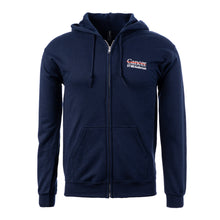 Navy zip-up hoodie featuring the full white UT MD Anderson logo on the top left chest area. 