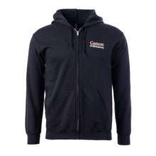 Black zip-up hoodie featuring the full white UT MD Anderson logo on the top left chest area. 