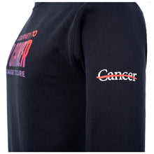 Closeup of white cancer strikethrough logo.