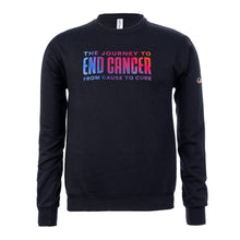 Black crewneck featuring the tagline "The Journey to End Cancer - From Cause to Cure" in a multicolor gradient.