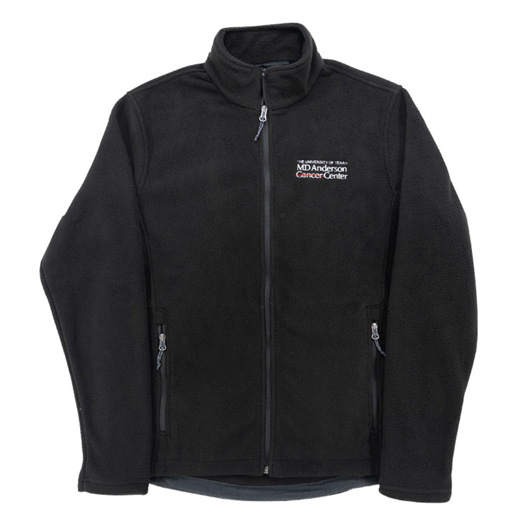Black zippered fleece jacket featuring the white MD Anderson logo on the chest area.