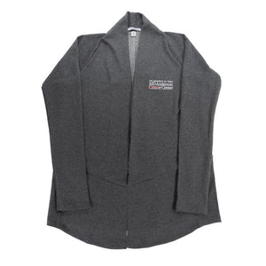Gray cardigan with pockets, featuring the white MD Anderson logo on the chest area.