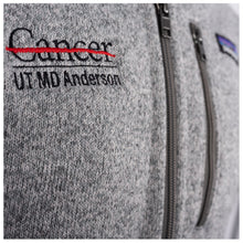 Close-up of gray Patagonia sweater fleece featuring the full black  UT MD Anderson logo embroidered on the right chest.