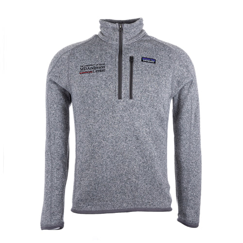 Gray Patagonia 1/4 zip jacket, featuring the black MD Anderson logo on the upper right and the Patagonia plogo on the upper left.