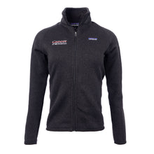 Black Patagonia sweater fleece jacket featuring the full white UT MD Anderson logo on the right chest and the Patagonia logo on the left chest.