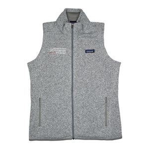 Grey Patagonia ladies fleece vest with full zip featuring the white MD Anderson logo on one side and the Patagonia logo on the other side. 
