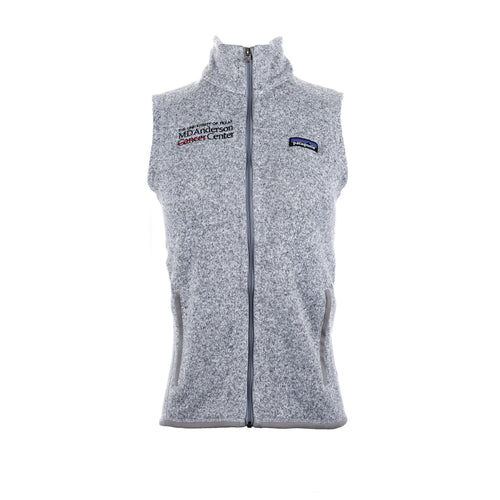 Gray Patagonia vest featuring the black MD Anderson logo on the upper right  area and the Patagonia logo on the upper left area.