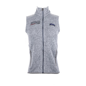 Gray Patagonia vest featuring the black MD Anderson logo on the upper right  area and the Patagonia logo on the upper left area.