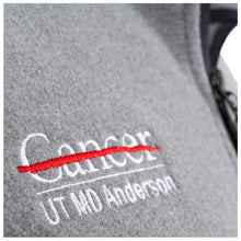 Close-up of a gray fleece garment with white embroidered full white UT MD Anderson logo, plus a zipper edge on the right.