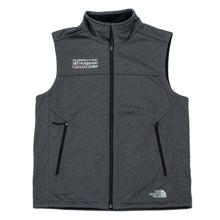 Gray North Face fleece vest with a full zipper and front zippered pockets, featuring the white MD Anderson logo on the right chest area and the white North Face logo in the corner.