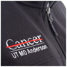 Close-up of a black North Face fleece jacket featuring the white UT MD Anderson logo.