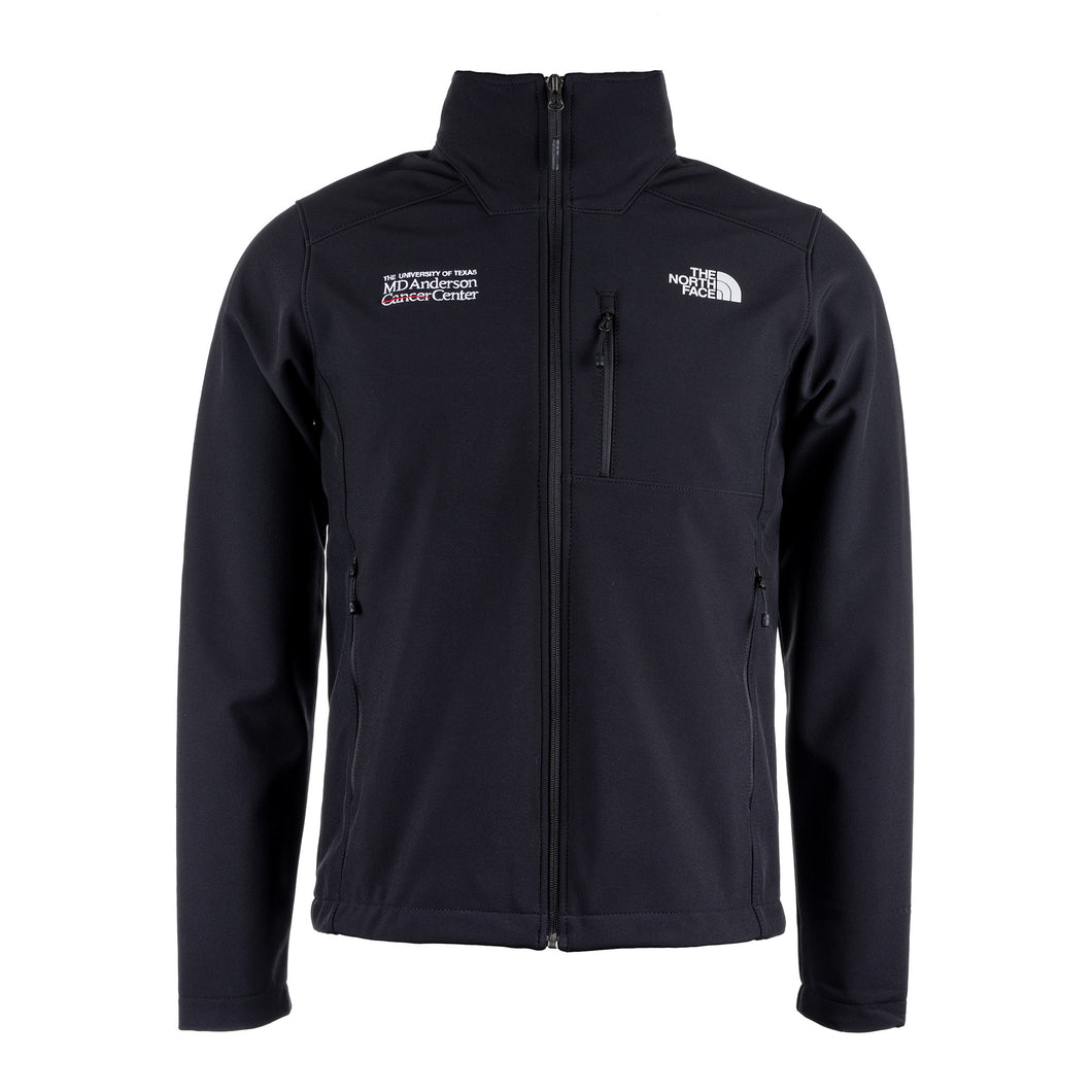 Black North Face zip-up jacket with zippered pockets in the front featuring the full white MD Anderson logo on the top right chest area and the white North Face logo on the top left chest area.