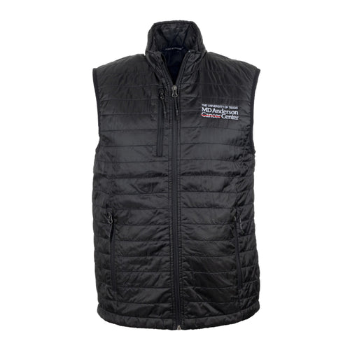 Black puffy zippered vest with front pockets featuring the full white MD Anderson logo on the top left chest area.