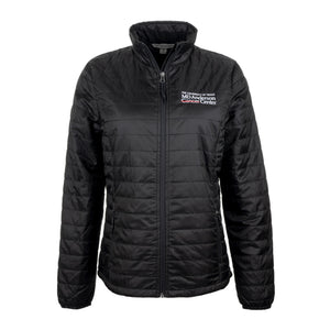 Black puffy zippered jacket with front pockets featuring the full white MD Anderson logo on the top left chest area.