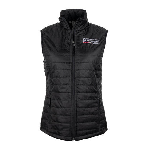 Black puffy zippered vest with front pockets featuring the full white MD Anderson logo on the top left chest area.