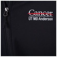 Closeup of the zipper and the full white UT MD Anderson logo.