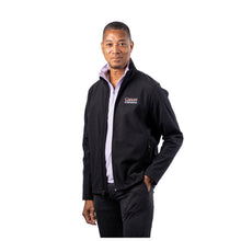 MD Anderson employee wearing a black soft shell jacket featuring a zip-through collar and the full white UT MD Anderson logo printed on the left chest.