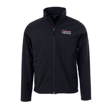 Black soft shell jacket with front zipper and zippered pockets featuring the full white UT MD Anderson logo on the left chest area.