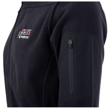 Side view of black fleece full-zip jacket featuring the full white UT MD Anderson logo on the left chest, and a zippered pocket on the sleeve.