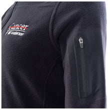 Side view of black fleece full-zip jacket featuring the full white UT MD Anderson logo on the left chest and a zippered pocket on the left sleeve.
