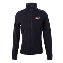 Black fleece full-zip jacket featuring the full white UT MD Anderson logo on the left chest and a zippered pocket on the left sleeve.