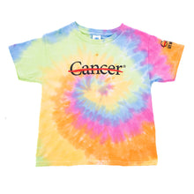 Youth tie-dye shirt featuring the black cancer strikethrough logo on the chest area and the black UT MD Anderson logo on the sleeve.